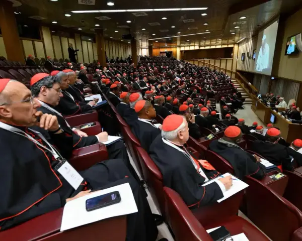 Wielu kardynałów w czerwonych biretach i czarnych szatach siedzi w amfiteatrze, słuchając przemówienia podczas ważnego konsystorza.