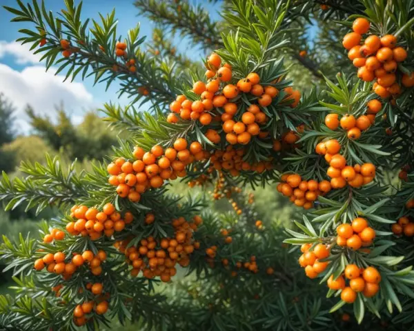 Tätt med orange havtorn på grenar, redo att plockas. En vacker syn som inspirerar till att plantera havtorn.