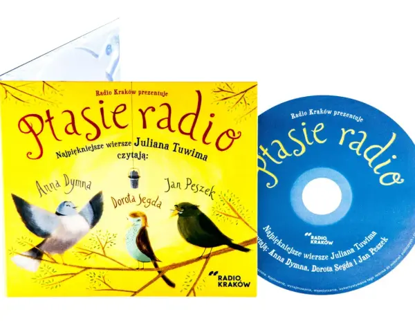 Okładka płyty CD i sama płyta z ilustracją ptaków i napisem "Ptasie radio".