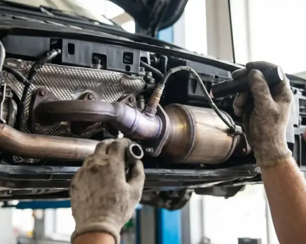 Mechanik naprawia katalizator, który może być przyczyną błędu DTC P0420.