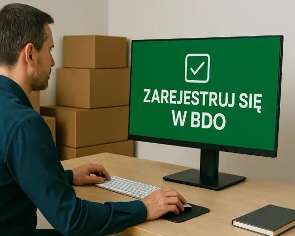 Mężczyzna przy biurku rejestruje jednoosobową działalność gospodarczą a śmieci w systemie BDO.