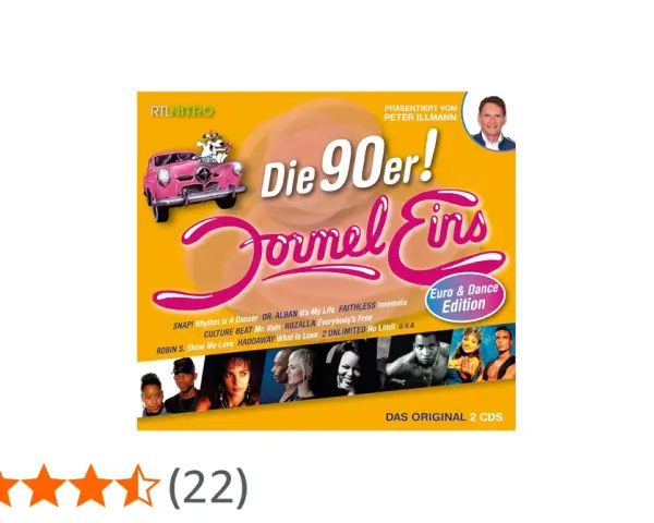 CD-Cover "Die 90er! Formel Eins Euro & Dance Edition" mit rosa Auto und Künstlern. Ein Muss für Fans von Eurodance 90er!