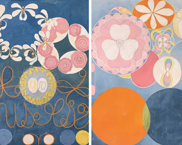 Två målningar av hilma af klint. Vänstra sidan visar blommor och orangea former på blå bakgrund. Högra sidan har cirklar i olika färger.