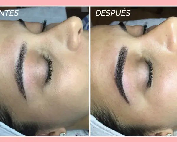 Comparativa de microblading cejas: antes y después. Las cejas lucen más definidas y pobladas tras el tratamiento.