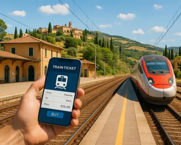 Chcesz wiedzieć, jak kupić bilet na pociąg we Włoszech? Na ekranie telefonu widzisz aplikację z trasą Florencja-Rzym i ceną 25 euro.