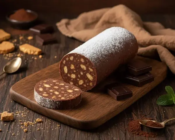 Un delizioso salame al cioccolato, cosparso di zucchero a velo, su un tagliere di legno. Biscotti, cioccolato e menta completano la scena.