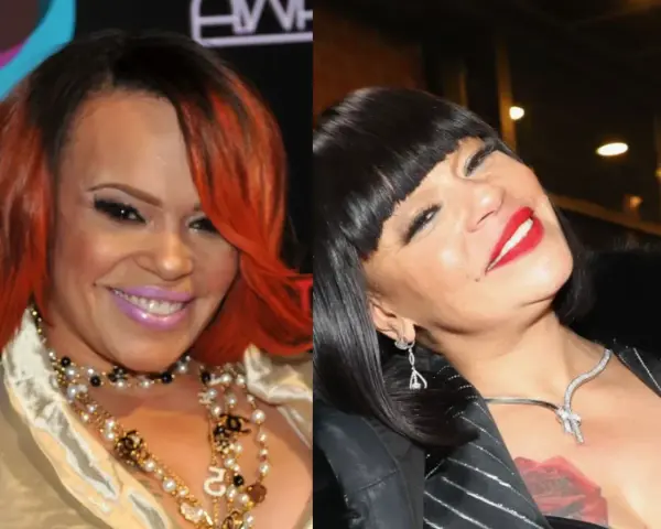 Faith Evans, wokalistka, z rudymi włosami i fioletową szminką, obok siebie w czarnej peruce i czerwonej szmince. Jej mąż, Stevie J, jest również znany z życia publicznego.