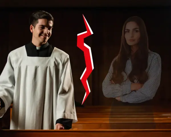 Młody kleryk w sutannie i kobieta po przeciwnych stronach, rozdzieleni czerwoną błyskawicą. Czy to symbol walki z pokusą, która dotyczy co to celibat?