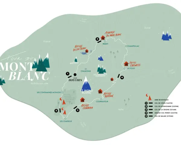 Carte du Tour du Mont Blanc, montrant les refuges, cols et villes. La distance TMB est indiquée par des points et des lignes.