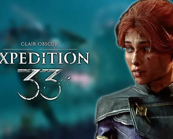 Una mujer con cabello rojo y ojos azules, con el logo "Clair Obscur Expedition 33" al lado.