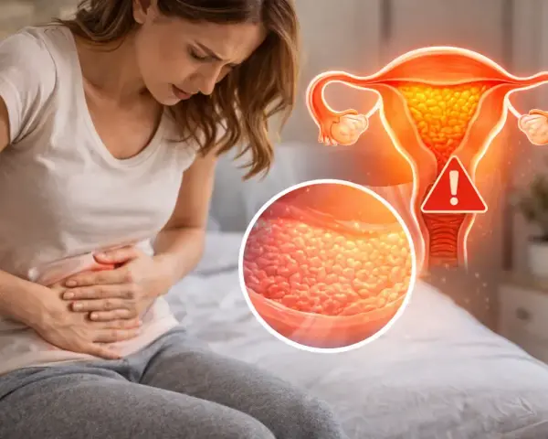 Kobieta z bólem brzucha, grafika macicy z przerostem endometrium i ostrzeżeniem, sugerująca potrzebę łyżeczkowania.