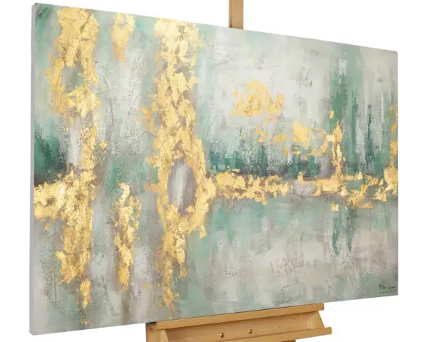 Tableau abstrait aux tons verts et dorés, texture riche. Une image à peindre facile pour un rendu lumineux et moderne.