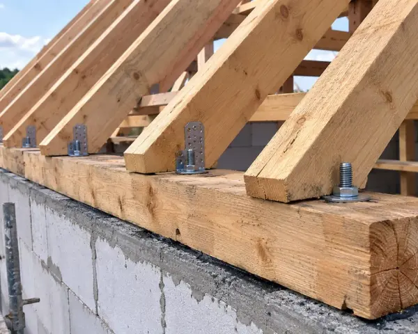 Drewniana konstrukcja dachu, gdzie krokwie są mocowane do murłaty za pomocą metalowych kątowników i śrub.