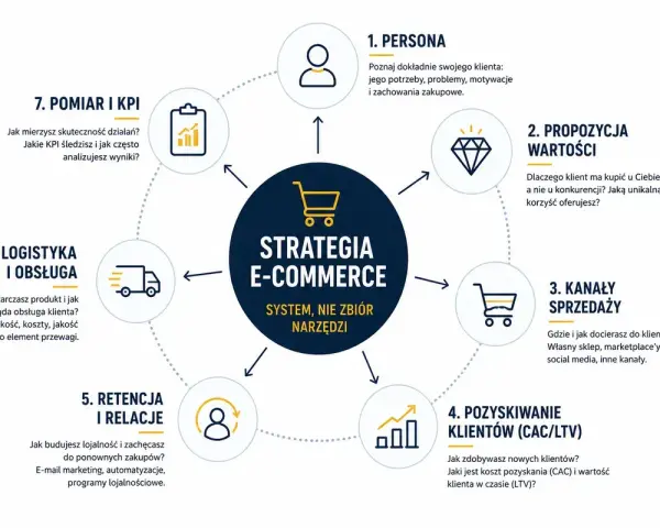 Schemat strategii e-commerce: persona, propozycja wartości, kanały sprzedaży, pozyskiwanie klientów, retencja, logistyka, pomiar. Jak co na zapalenie ucha, tak strategia e-commerce wymaga kompleksowego podejścia.