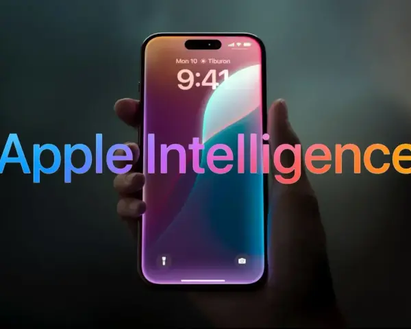 Dłoń trzyma smartfon z ekranem blokady, na którym widnieje napis "Apple Intelligence" w tęczowych barwach.