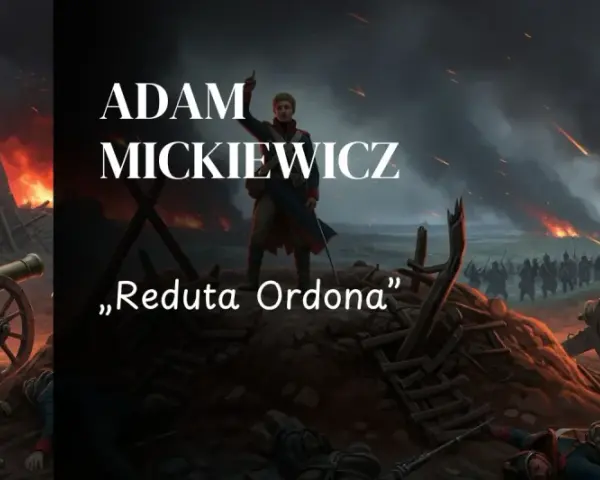 Ilustracja do wiersza "Reduta Ordona" Adama Mickiewicza. Pole bitwy, artyleria, wybuchy, żołnierze i dymiące ruiny.