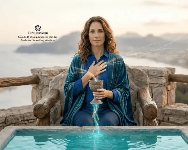 La reina de copas tarot, una mujer serena con una copa en la mano, irradia sabiduría y conexión emocional.