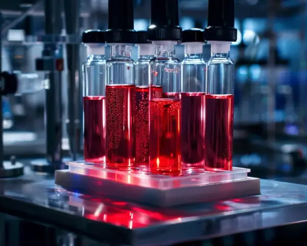 Szklane probówki z czerwonym płynem w laboratorium, podświetlone od spodu.
