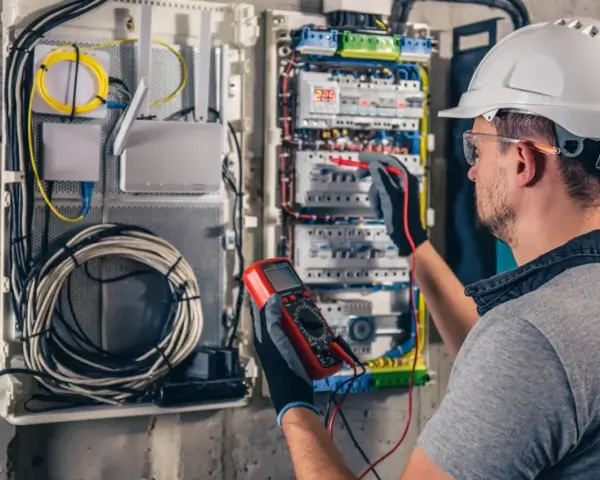 Elektryk w kasku przeprowadza przegląd instalacji elektrycznej, używając multimetru do pomiarów.