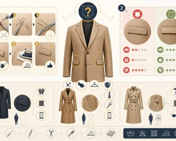 Illustration d'un manteau beige avec des étapes de couture et des icônes de mode.