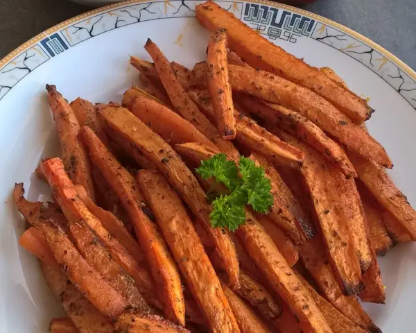 Stos pieczonych frytek z marchewki z natką pietruszki na talerzu.