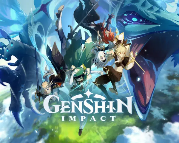 Postacie z Genshin Impact na tle smoka i chmur. Gra dostępna na Xbox One.