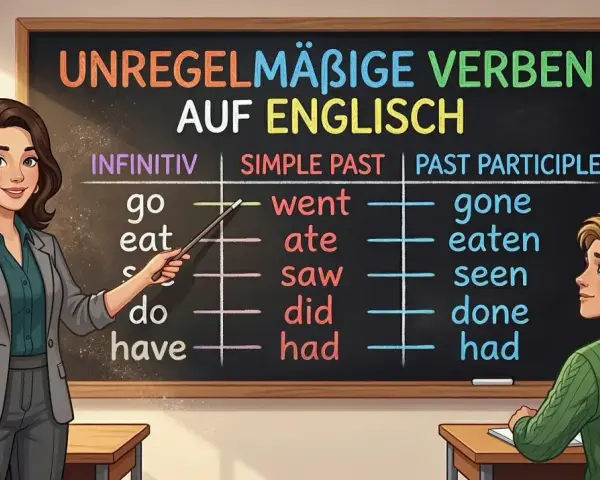 Lehrerin erklärt einem Schüler unregelmäßige verben englisch auf einer Tafel.