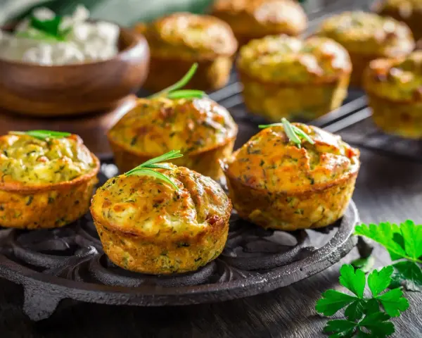 Deliziosi tortini di zucchine dorati, guarniti con rosmarino, su un piatto di ghisa. Sullo sfondo, una ciotola di formaggio fresco.