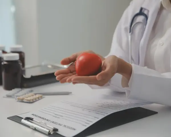 Lekarz trzyma w dłoniach czerwone serce, symbolizujące zdrowie. Na stole leżą leki i dokumentacja medyczna, sugerując rozmowę o tym, po jakim czasie spada cholesterol.