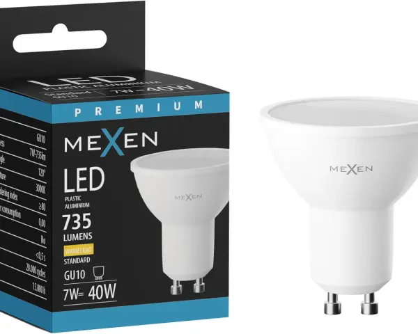 Żarówka LED MEXEN GU10, 7W, 735 lumenów, ciepłe światło. Noryl w obudowie zapewnia trwałość.