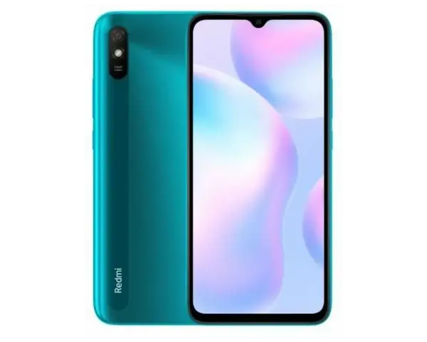 Turkusowy smartfon realme 9a z potrójnym aparatem i ekranem z notchem.