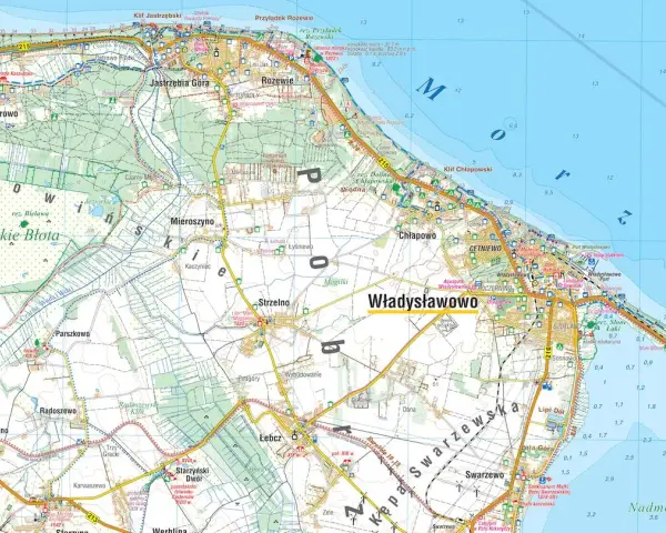 Mapa turystyczna przedstawiająca zachodnie wybrzeże Bałtyku z zaznaczonymi miejscowościami jak Władysławowo, Jastrzębia Góra i Rozewie.