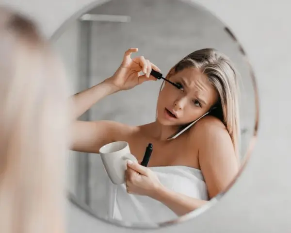 Une femme, enroulée dans une serviette, applique son mascara tout en tenant une tasse et en parlant au téléphone. Le mascara qui coule sur son visage témoigne de sa matinée mouvementée.
