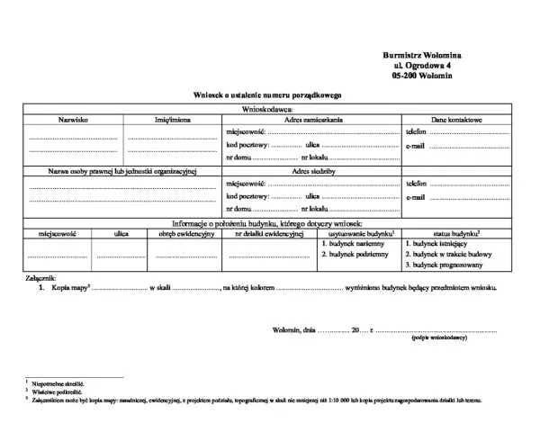 Wniosek o nadanie numeru domu. Formularz zawiera dane wnioskodawcy, adres zamieszkania i siedziby, informacje o położeniu budynku oraz załączniki.