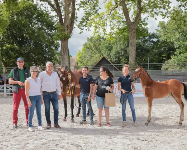 L'élevage de poney de sport présente ses jeunes champions. Une famille fière pose avec ses poulains primés.