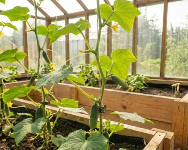 Gurkplantor i växthus med små gurkor och gula blommor. Det är dags att toppa gurkplantor för att främja tillväxt.