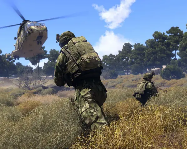 Żołnierze w kamuflażu, lądujący helikopter i krzaki. Akcja na **arma 3 polski serwer**.