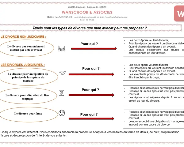 Schéma des types de divorce : amiable, acceptation du principe de rupture, altération du lien conjugal, faute. Un avocat est essentiel pour chaque divorce.