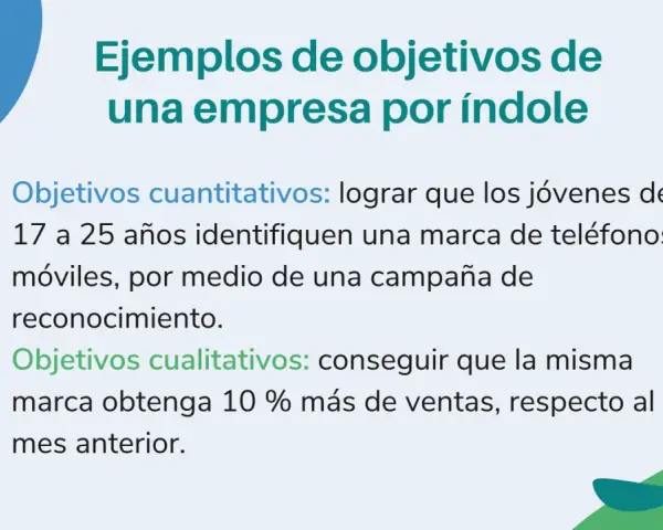 Ejemplos de objetivos específicos de una empresa: cuantitativos (identificación de marca en jóvenes) y cualitativos (aumento de ventas).