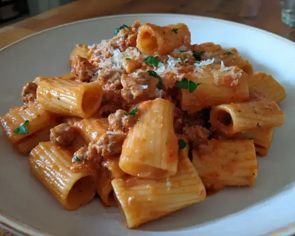 En portion salsicciapasta, som Benjamin lagat, med rigonsås och toppad med parmesan och persilja.