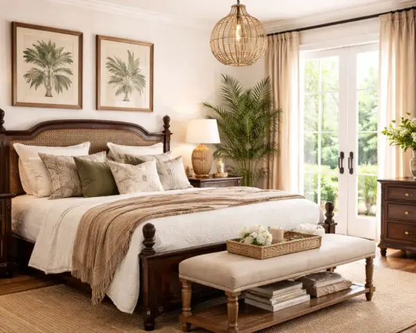 Dormitorio con cama de madera oscura, cabecero de ratán y cuadros de palmeras, evocando un acogedor estilo colonial.