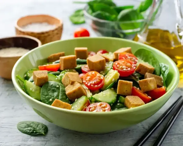 Kolorowa sałatka z chrupiącym tofu, pomidorkami koktajlowymi i ogórkiem na świeżym szpinaku.