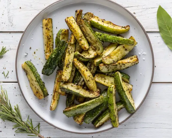 Zucchine croccanti e dorate, perfette zucchine in friggitrice ad aria, condite con erbe aromatiche e sale grosso.