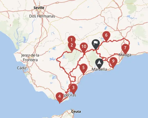 Mapa z zaznaczonymi punktami na trasie po Andaluzji. Zobacz, co warto zobaczyć w regionie, od Sewilli po Malagę.