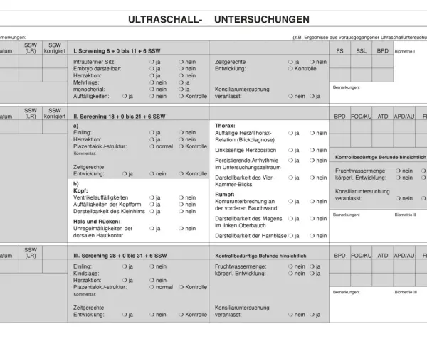 Ultraschalluntersuchungen im Mutterpass: Screening 1, 2 und 3 mit Details zu Herz, Kopf, Rumpf und Entwicklung.
