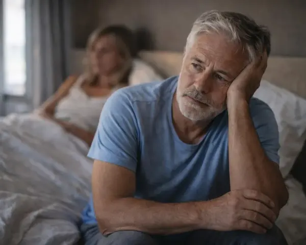 Un homme âgé, le visage pensif, se demande pourquoi ma libido est en berne, tandis qu'une femme est assise dans le lit derrière lui.