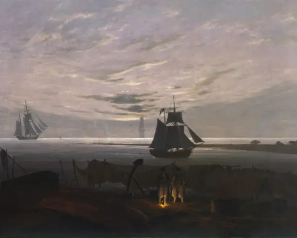 Dwa żaglowce na morzu, w oddali latarnia morska. Na pierwszym planie dwaj mężczyźni przy ognisku, typowe dla caspar david friedrich dzieła.