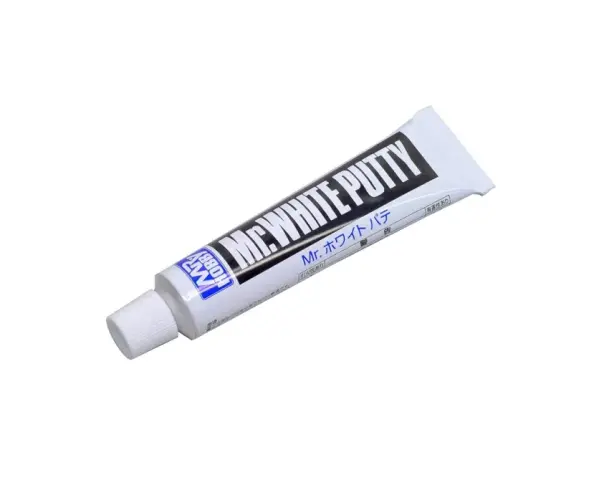 Tubo di stucco bianco "Mr. White Putty" per modellismo, ideale per riempire fessure e imperfezioni.