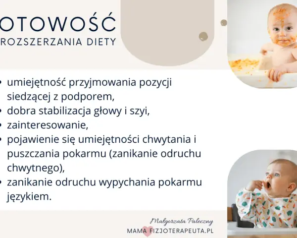 Kiedy dziecko może siedzieć z podparciem? Wskazówki: stabilna głowa, zainteresowanie jedzeniem, zanik odruchu wypychania językiem.