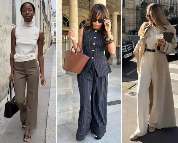Tre donne sfoggiano un elegante outfit ufficio: pantaloni a palazzo, gilet gessato e trench.
